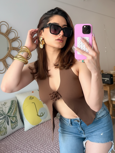 Halterneck Flower Applique Cutout Top by EXCLUSIVES, brown knit with front floral detail; tops on sale