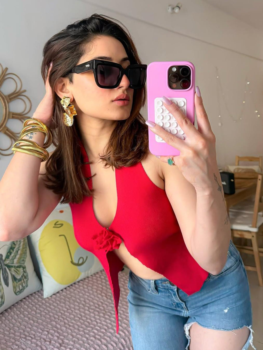 Halterneck Flower Applique Cutout Top