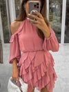 Cutout Puff Sleeve Ruffle Short Dress