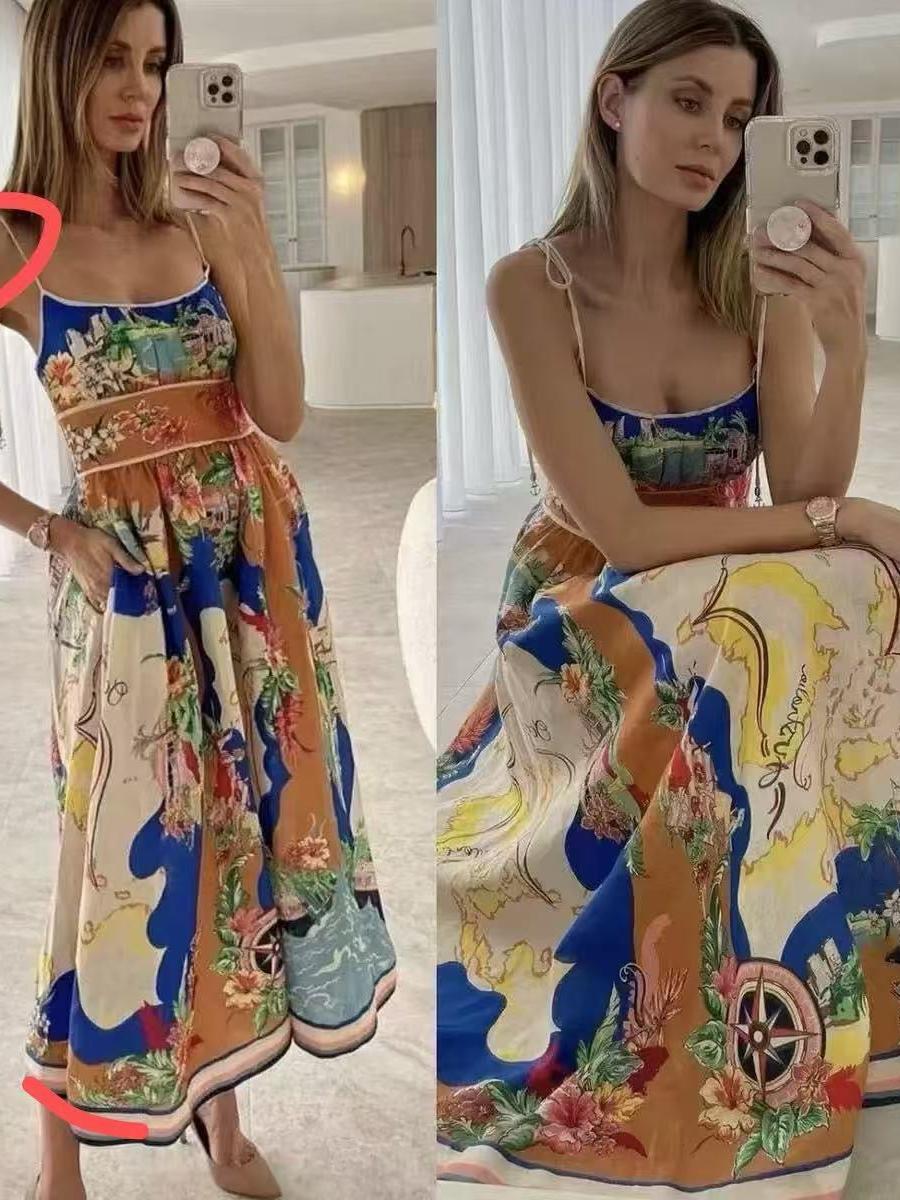 Tied Spaghetti Strap Nautical Floral Print Midi Dress