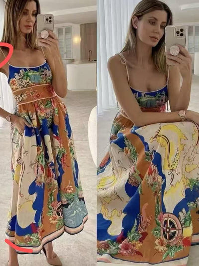 Tied Spaghetti Strap Nautical Floral Print Midi Dress