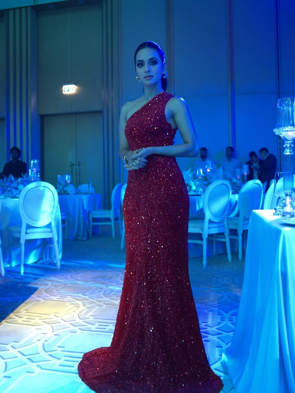 High Slit Cutout One Shoulder Sequins Maxi Dress