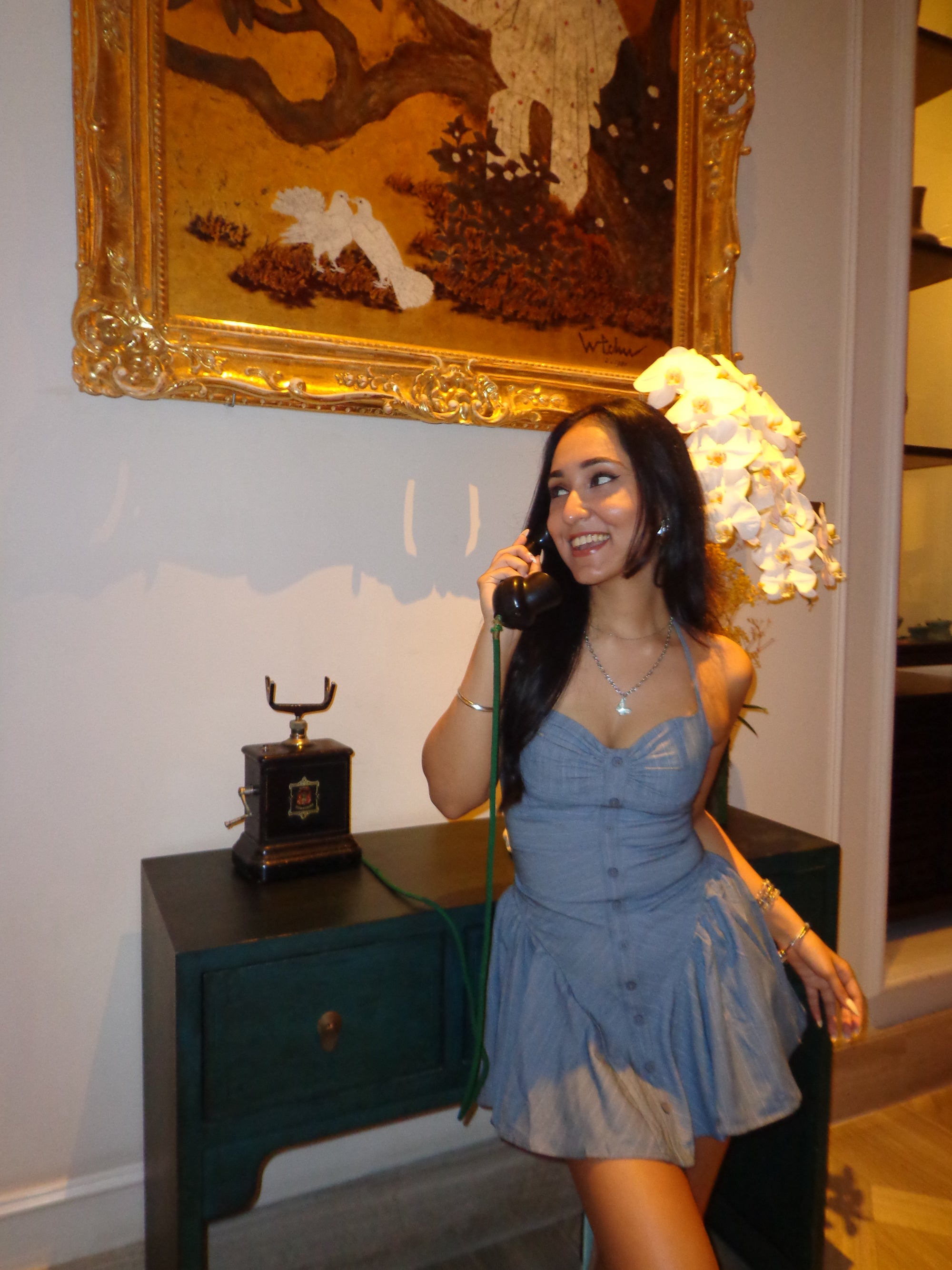 Striped Halterneck Grey Backless Flare Dress