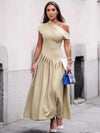 One Off Shoulder Asymmetric Pleated Midi Dress