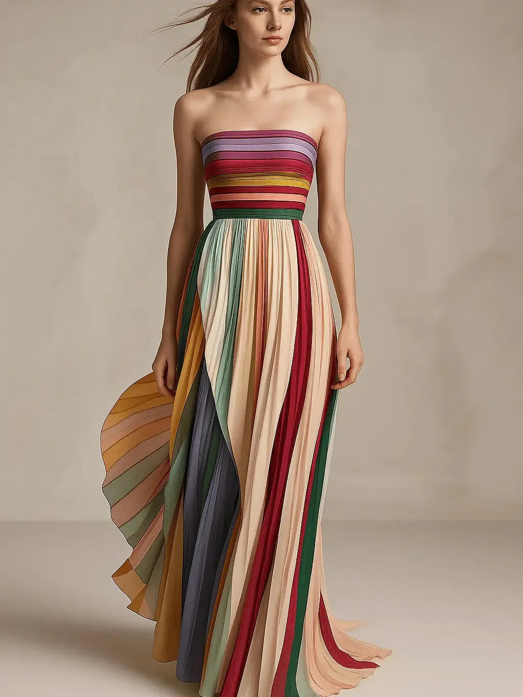 Rainbow pleated strapless tube maxi dress by EXCLUSIVES on sale; multicolor striped gown