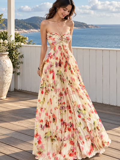 Marbella Floral cutout Maxi Dress by EXCLUSIVES; cream base with pink and red floral print, strapless pleated gown.