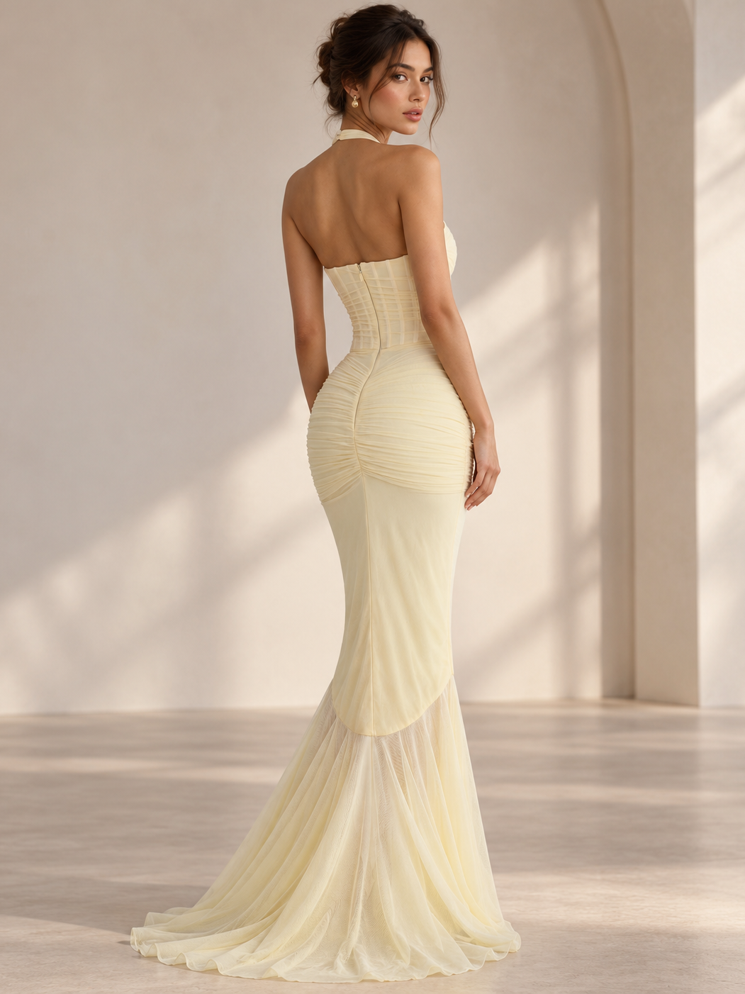 Seraphina Ruched Ruffle Halter Maxi Dress by EXCLUSIVES, cream halter gown with ruched bodice and mermaid tulle train.