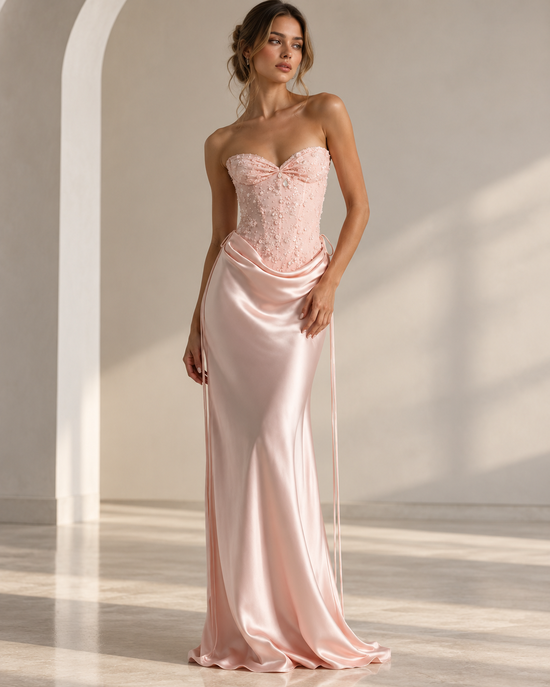 Bella Rose Embellished Satin Dress by EXCLUSIVES, blush pink strapless satin with beaded bodice.