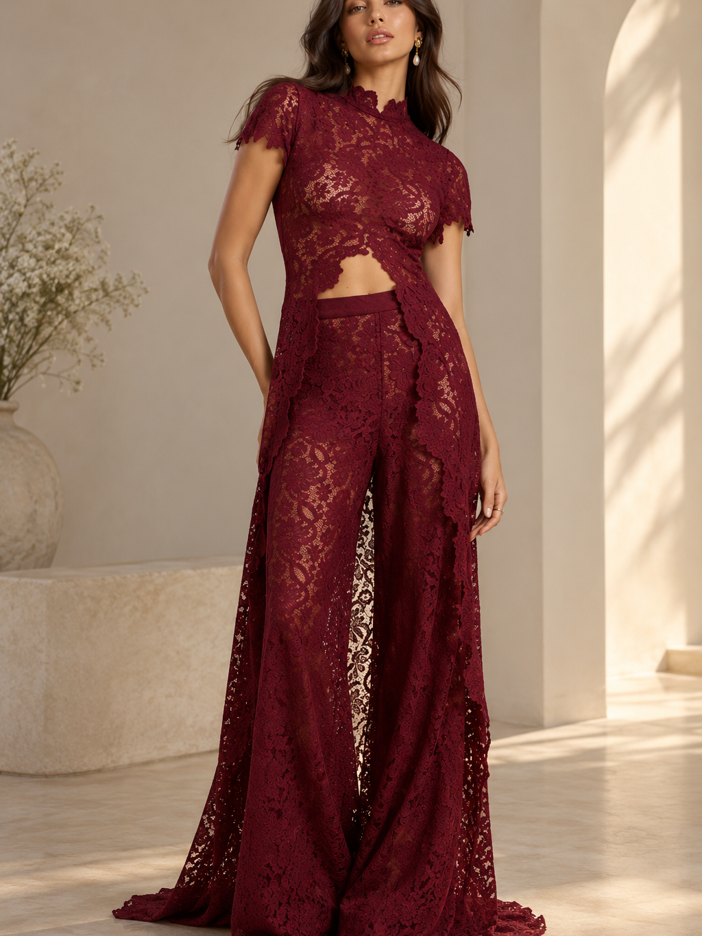 Celeste lace wide-leg co-ord set by EXCLUSIVES in burgundy