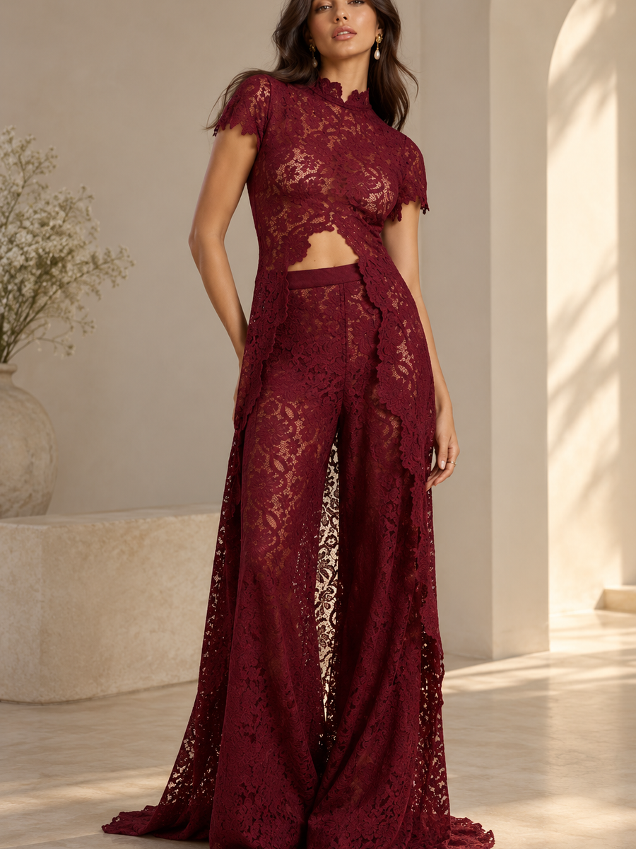 Celeste lace wide-leg co-ord set by EXCLUSIVES in burgundy