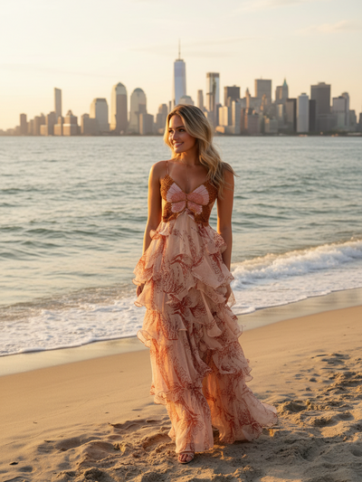 Printed blush butterfly tiered ruffle maxi dress worn by a model on the beach at sunset.