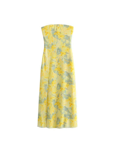 Yellow Floral Print Mesh Bandeau Tube Split Dress