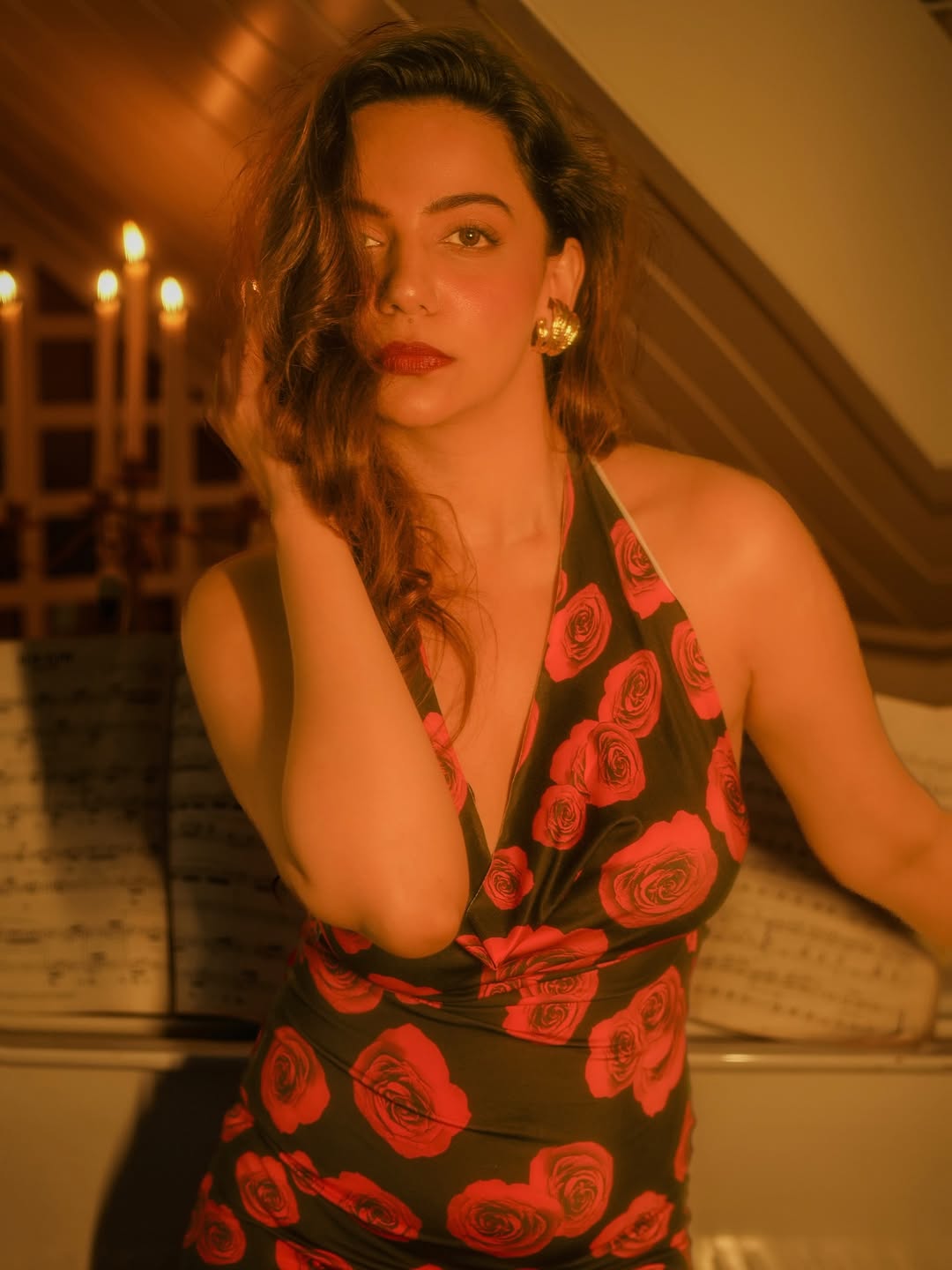 Rose Print Halterneck Backless Slit Maxi Dress