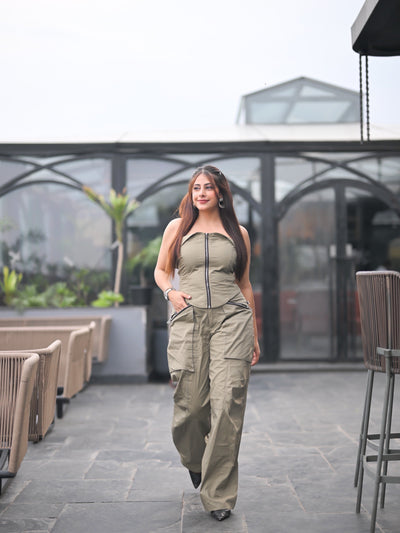 Zipper Tube Fold Top & Cargo Pants Coord Set