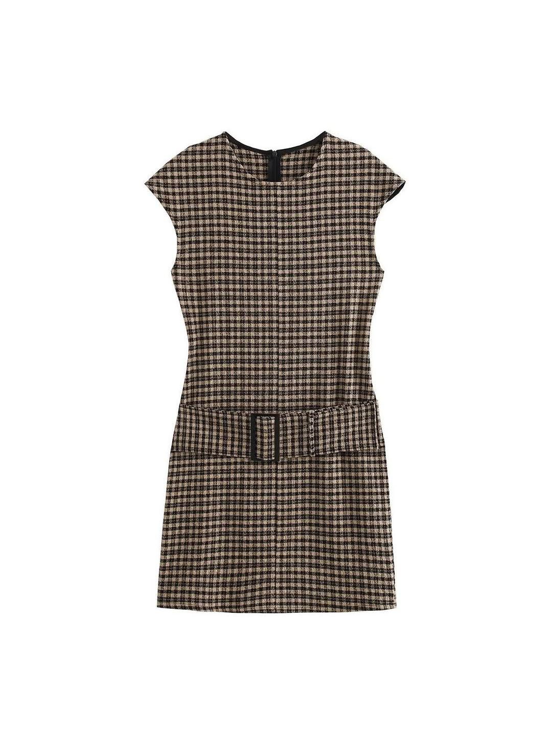 Striped/ Plain/ Chequered Print Short Belt Sleeveless Dress