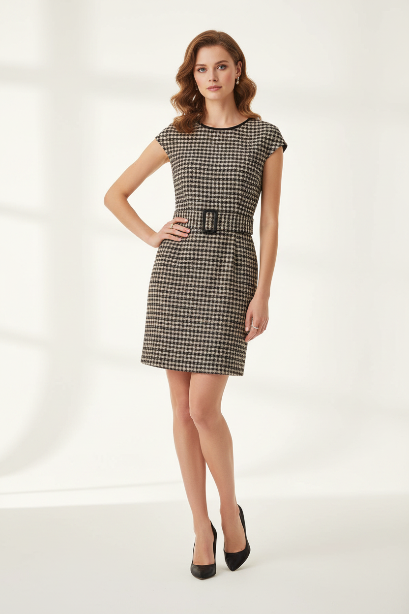 Dresses by Exclusives black-and-white chequered print sleeveless dress with belt, short length, on sale