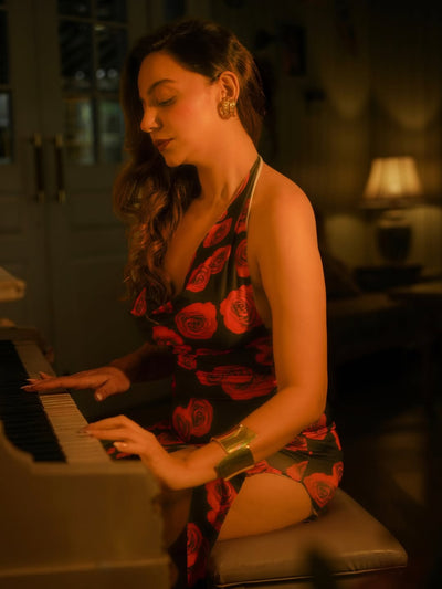 Rose Print Halterneck Backless Slit Maxi Dress