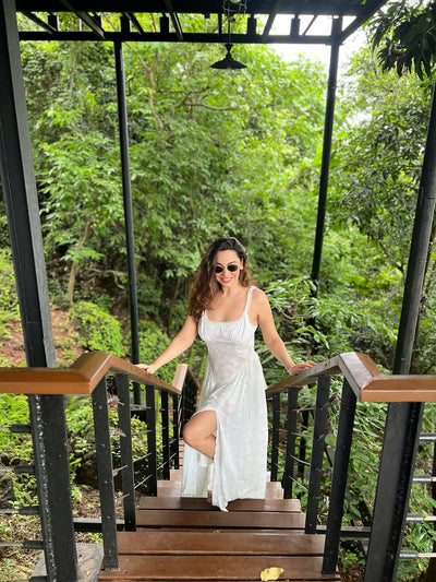 Pearl Beaded Square Neck Jacquard Textured High Slit Maxi Dress