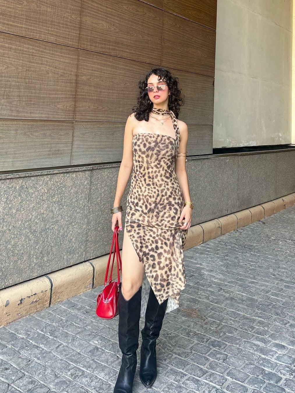 Animal Print Mesh Split Tube Dress