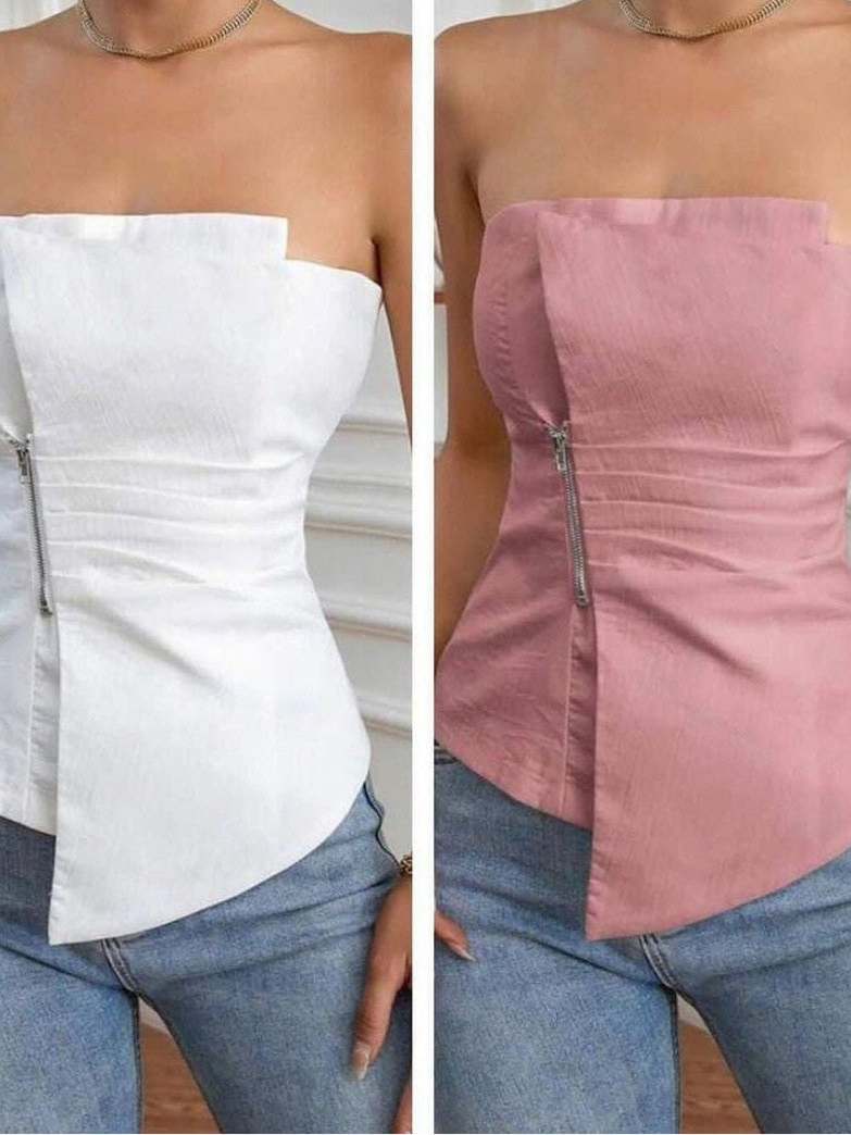 Two stretchable bandeau tube tops in white and pink with side zippers and an asymmetric hem, shown on a model in jeans.