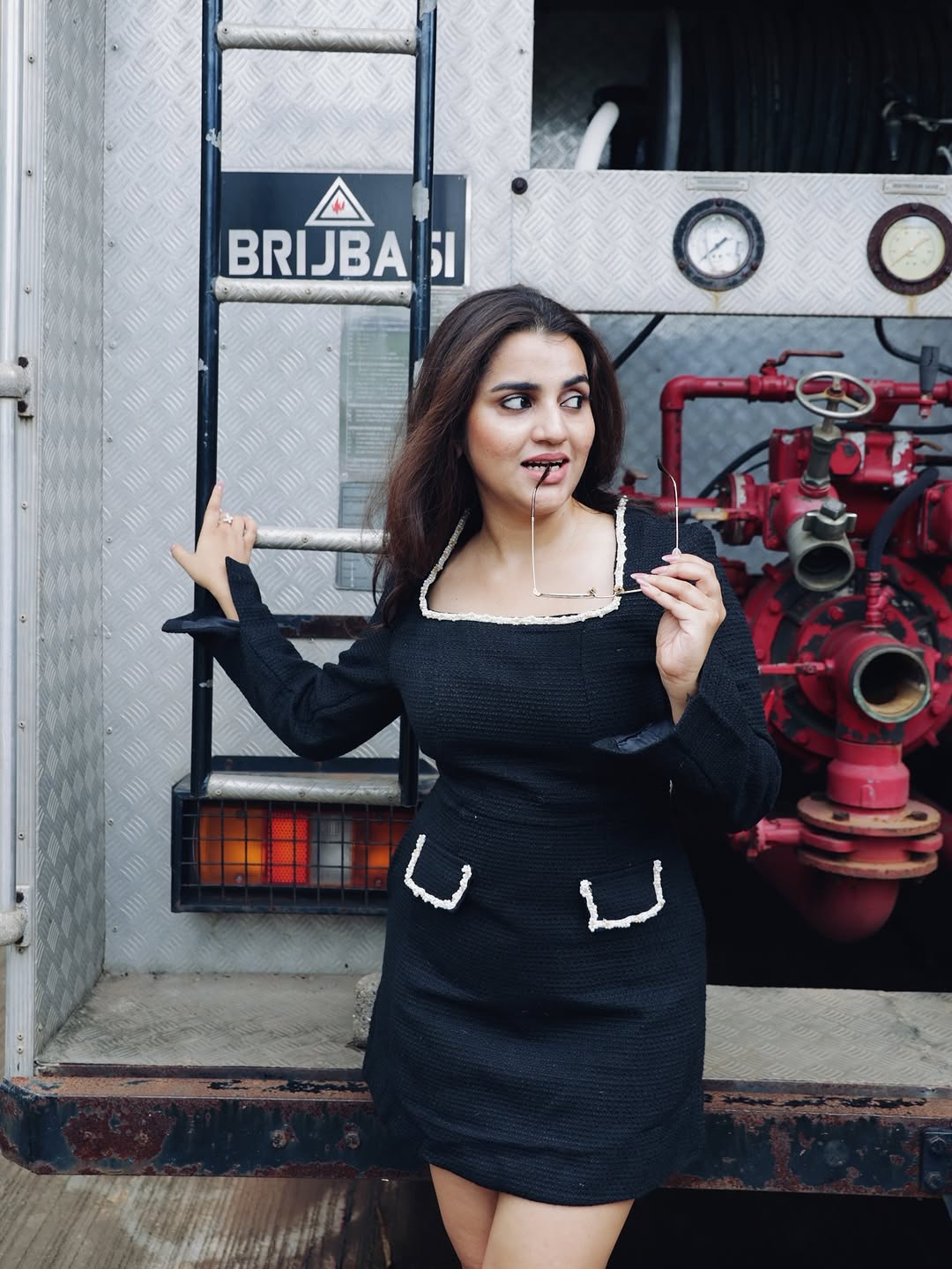 Tweed Full Sleeves Beaded Short Dress