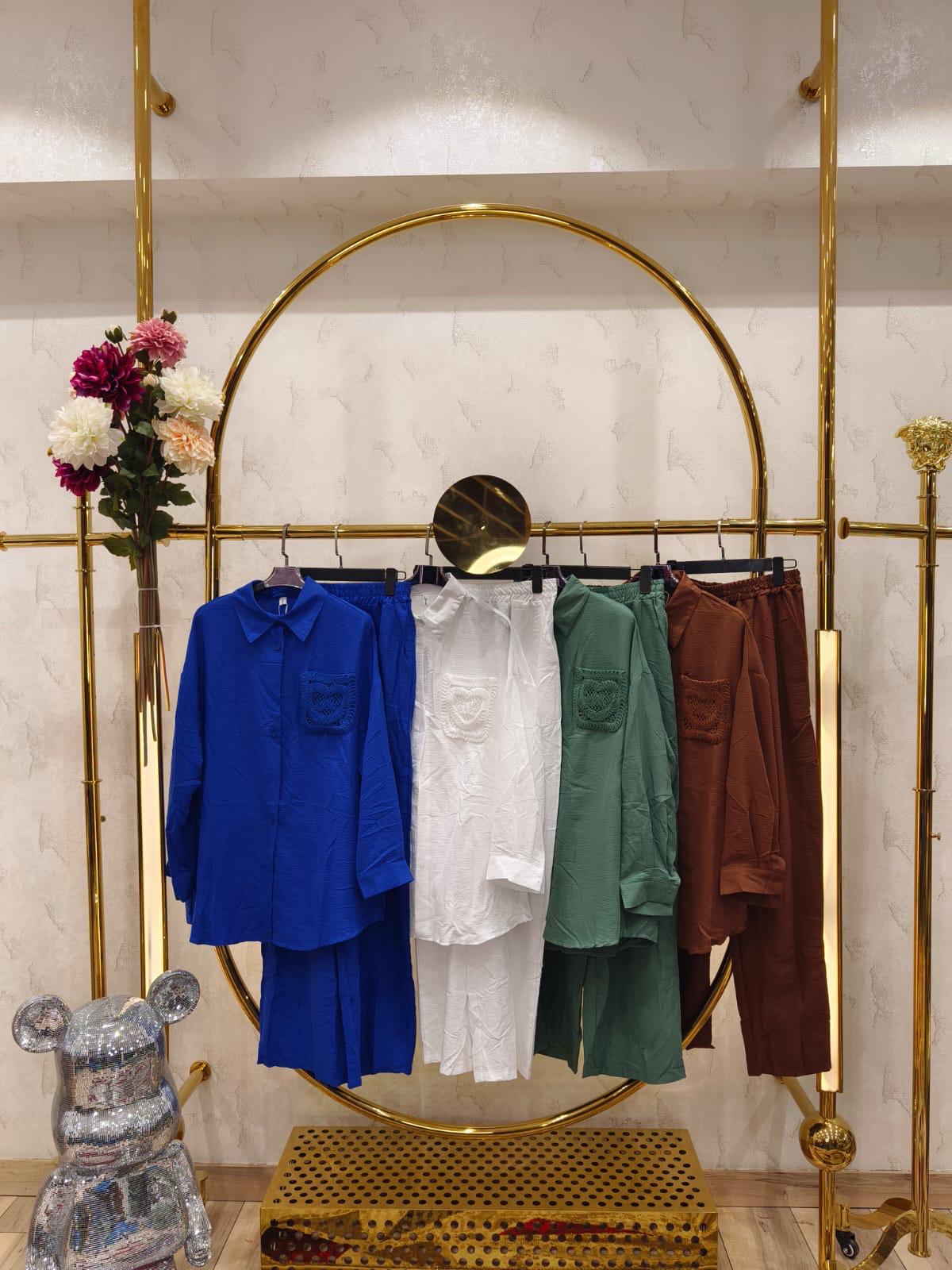 Embroidered Pocket Shirt & Pants Coord Set