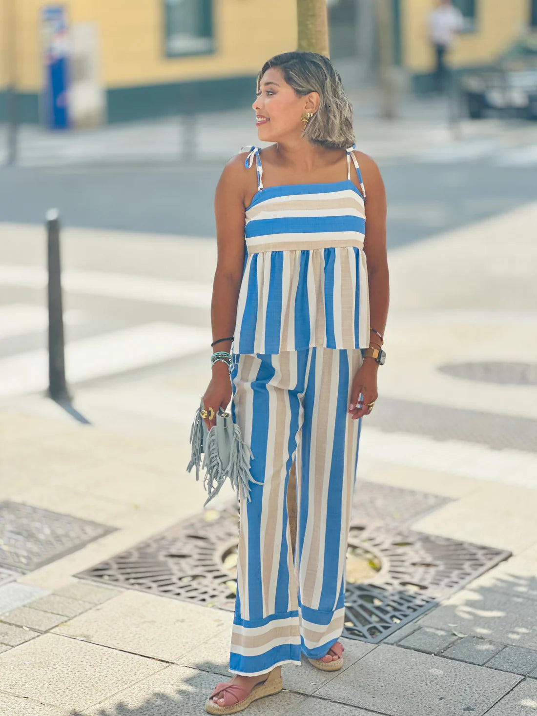 Striped Printed Lace Up Camisole Top & Wide Leg Pant Coord Set
