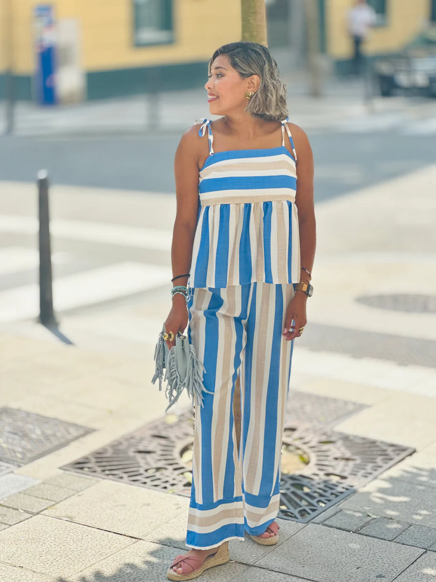 Striped Printed Lace Up Camisole Top & Wide Leg Pant Coord Set