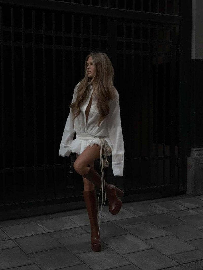 Ruffle Ruched Short Shirt Dress