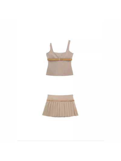 Sleeveless Cami Topwith Belt & Pleated Skirt Coord Set