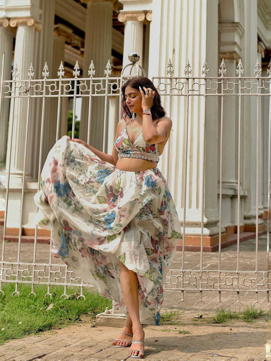 Floral Print Crystal Bralette & Ruffles Skirt Coord Set