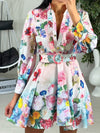 Floral Lantern Sleeves Print Belt Short Dress