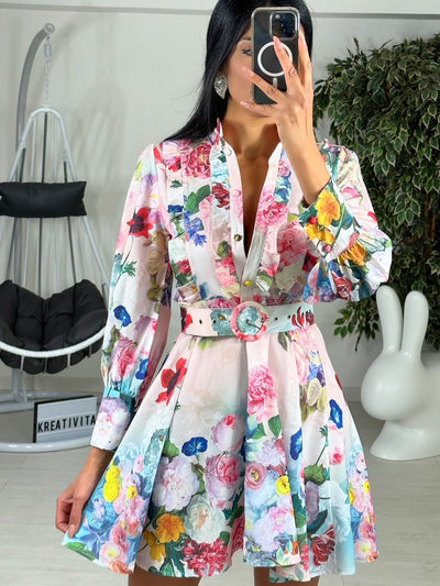 Floral Lantern Sleeves Print Belt Short Dress