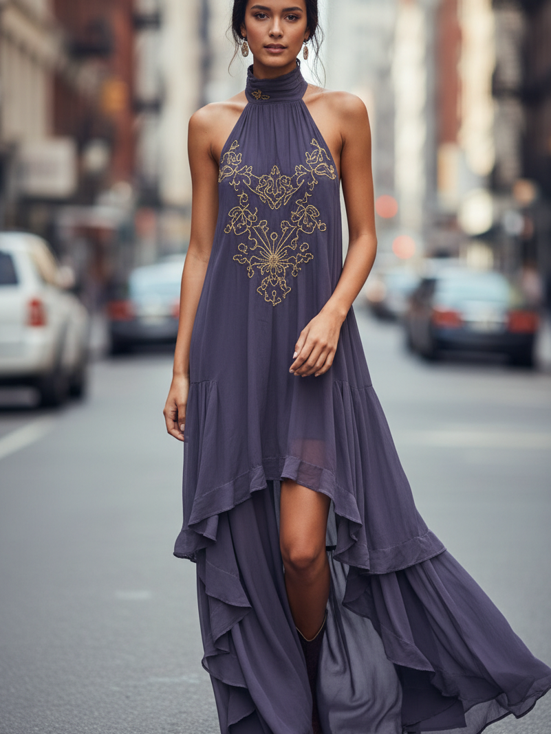 Valencia Embroidered Halter Maxi Dress, purple chiffon with gold embroidery and tiered hem