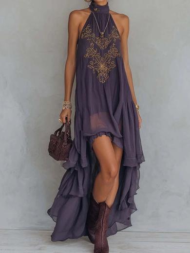 Valencia Embroidered Halter Maxi Dress by Exclusives, purple chiffon with gold embroidery, on sale