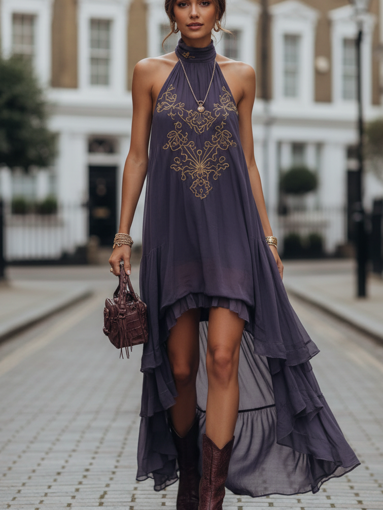 Valencia Embroidered Halter Maxi Dress by Exclusives, purple chiffon with gold embroidery, on sale.