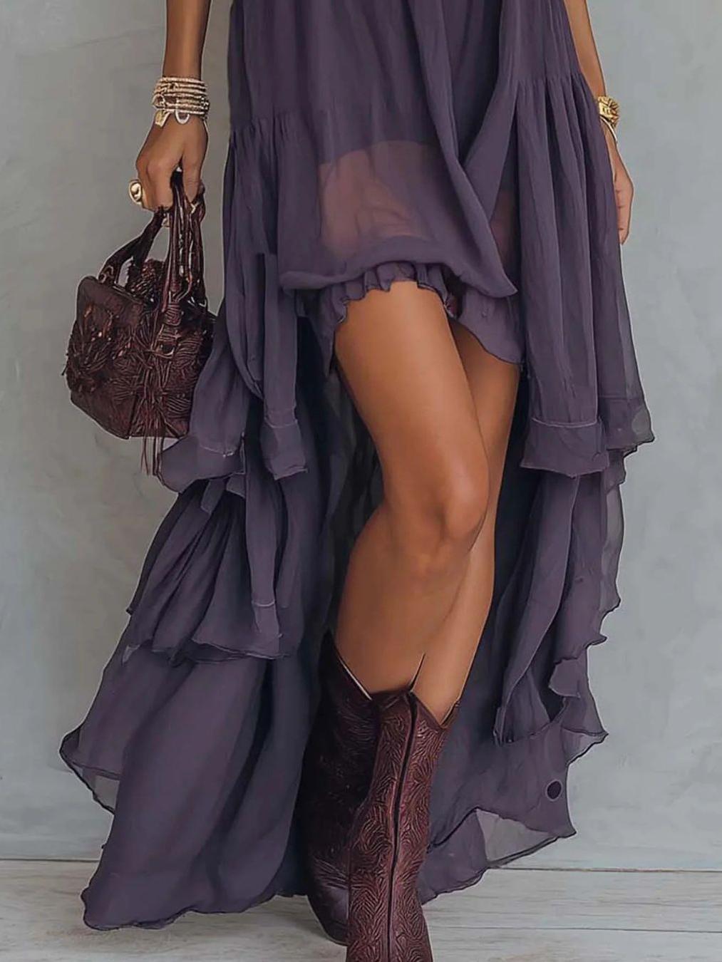 Valencia Embroidered Halter Maxi Dress in purple, a flowing layered gown with sheer overlay.