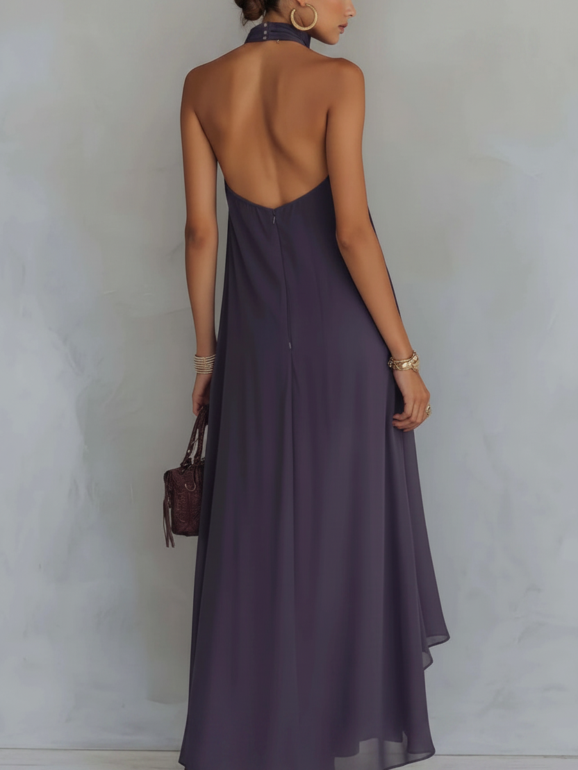 Valencia Embroidered Halter Maxi Dress in purple, backless halter-neck with back zipper; flowing floor-length.