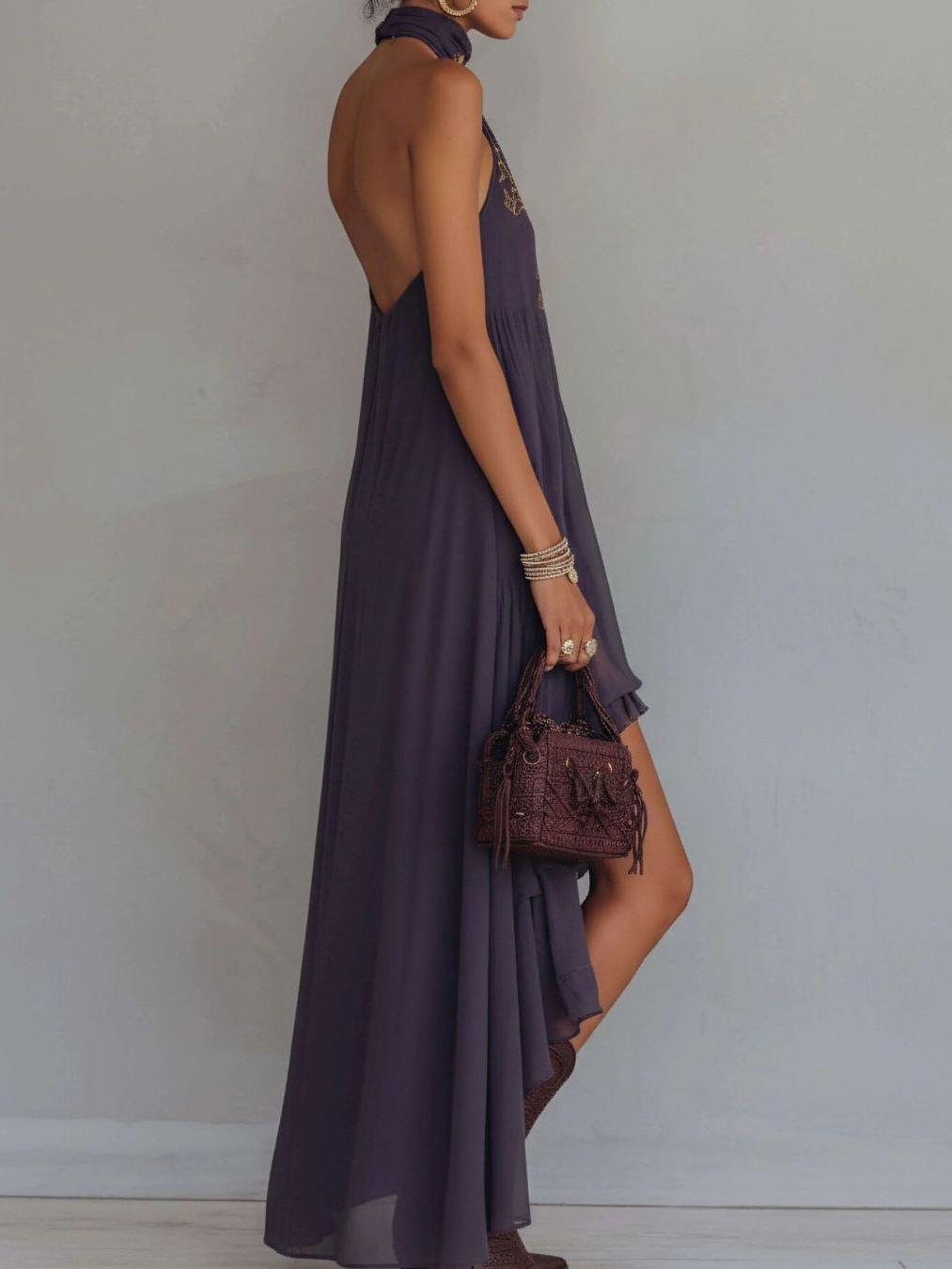 Valencia Embroidered Halter Maxi Dress by Exclusives, plum purple, open-back halter, floor-length on sale