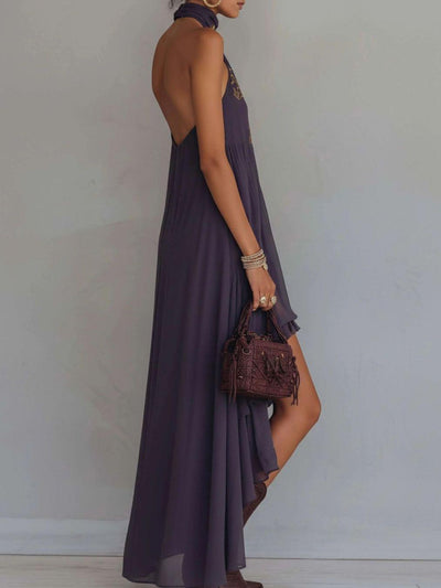 Valencia Embroidered Halter Maxi Dress by Exclusives, plum purple, open-back halter, floor-length on sale