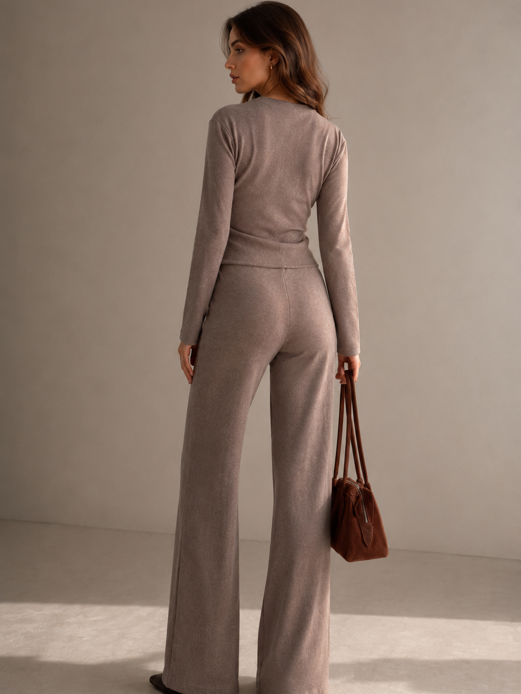 Soft Knit Button-Down Coord Set by Exclusives in taupe; two-piece with long-sleeve top and wide-leg pants