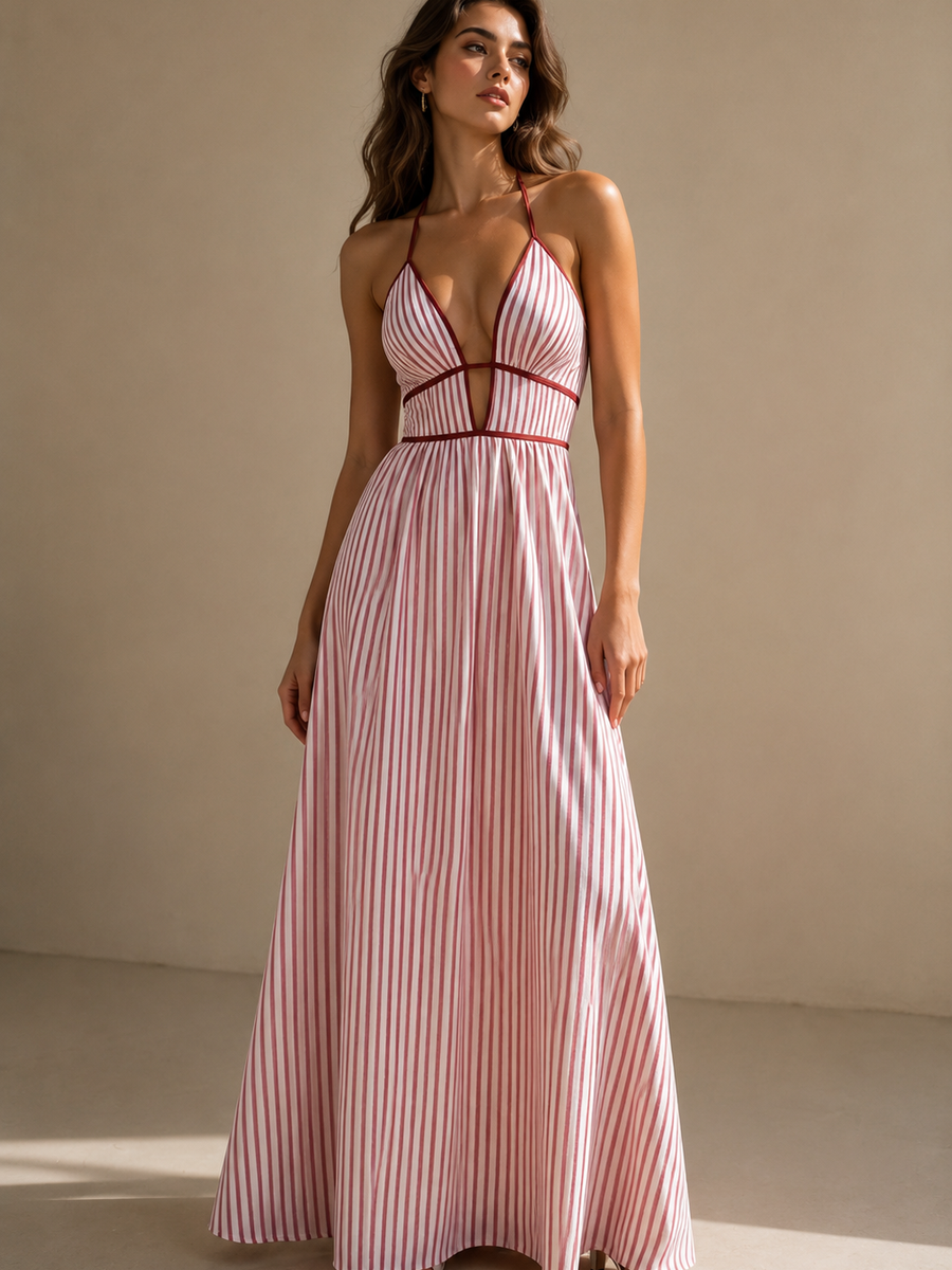 Seaside Striped Cutout Maxi Dress Exclusives, pink/white striped halter-neck with midriff cutout and red trim.