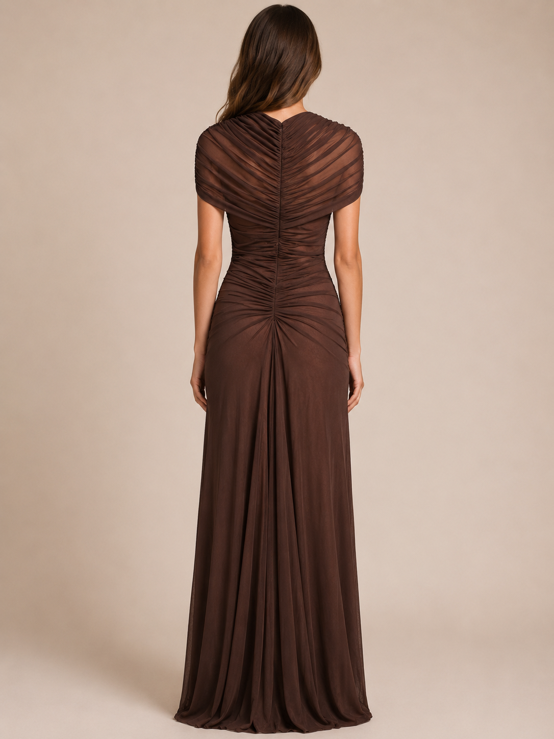 Twisted Cutout High-Neck Maxi Dress in brown by Exclusives, full-length gown with ruched back