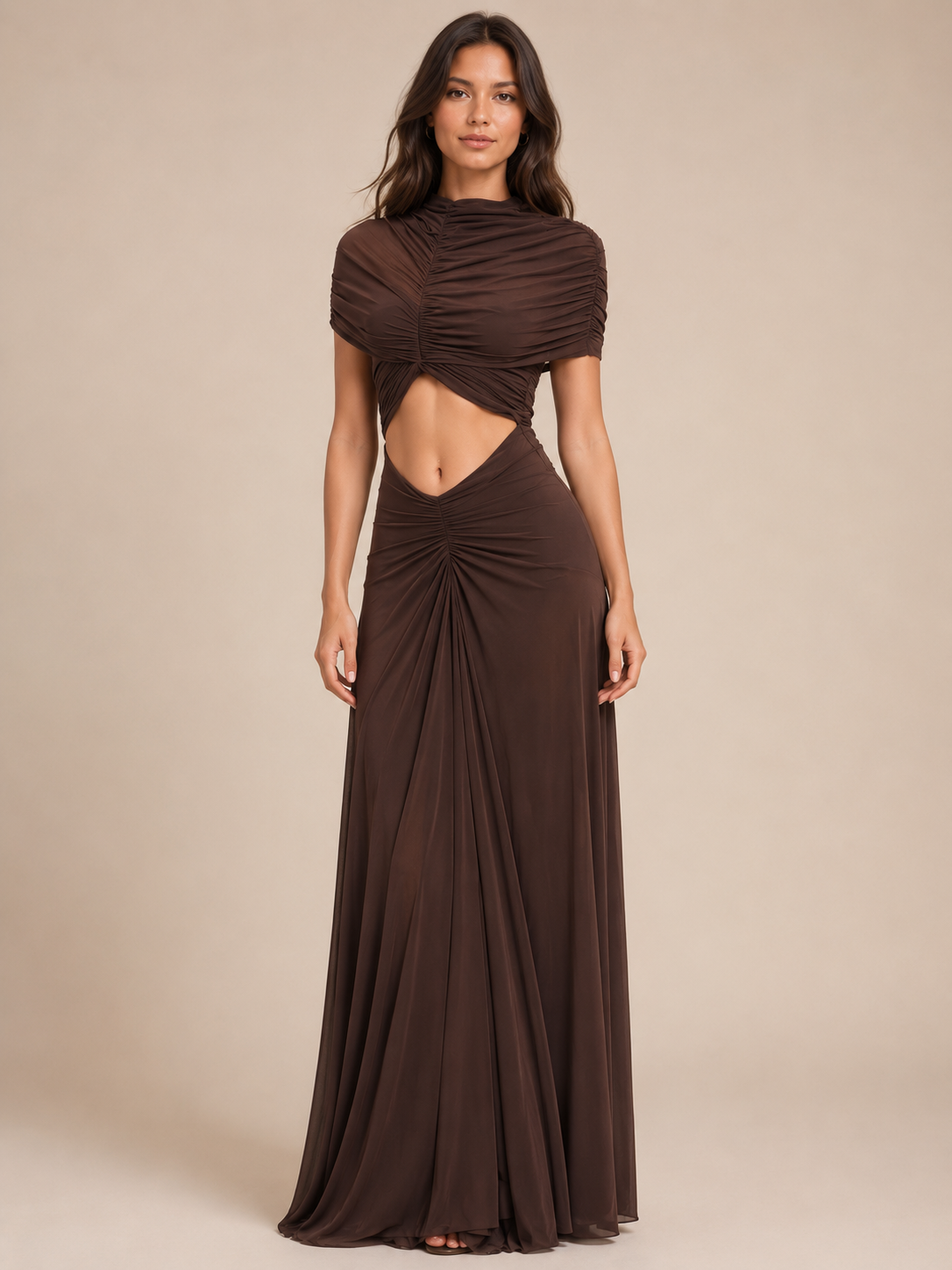 Twisted Cutout High-Neck Maxi Dress by Exclusives, brown on sale with ruched midriff cutout and draped maxi skirt.