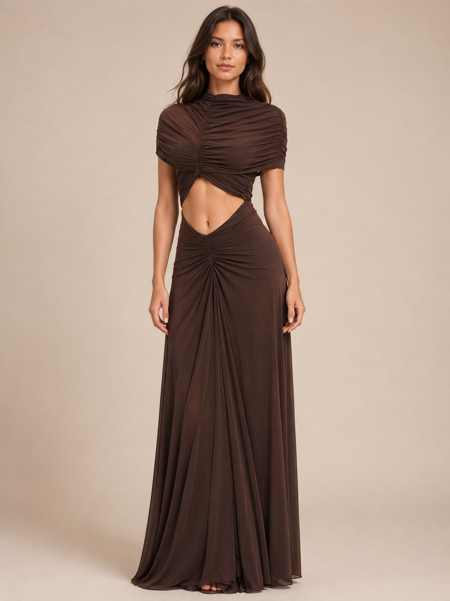Twisted Cutout High-Neck Maxi Dress by Exclusives, brown on sale with ruched midriff cutout and draped maxi skirt.