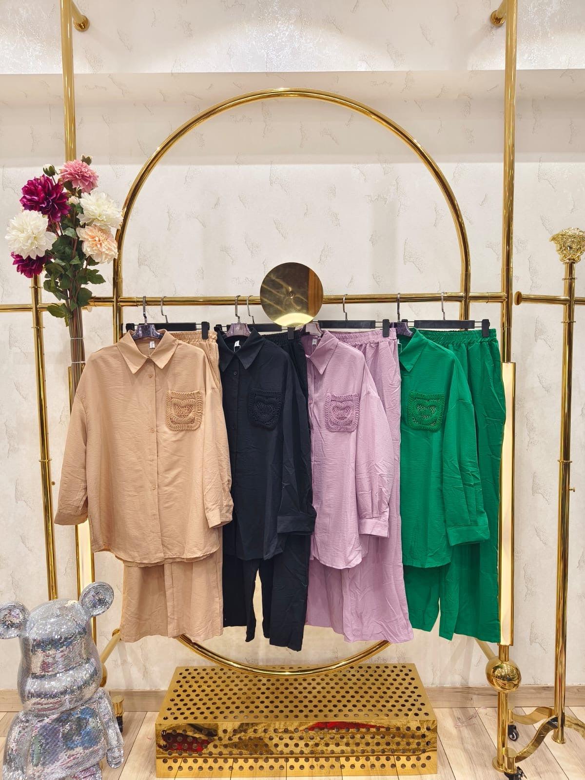 Embroidered Pocket Shirt & Pants Coord Set