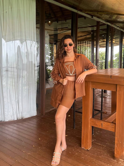 Embroidered Shirt with Spaghetti top & shorts Coord Set