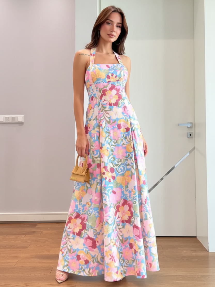 Exclusives floral patterned halterneck maxi dress on sale; pastel multicolor print, full-length dress