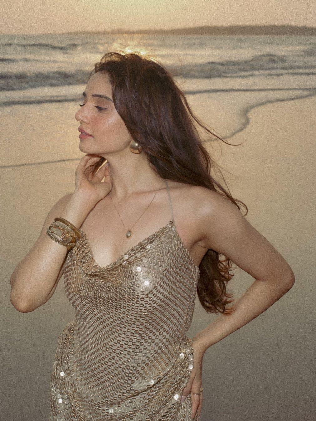 Sequins Spaghetti Strap Cowl Neck Backless Midi Dress