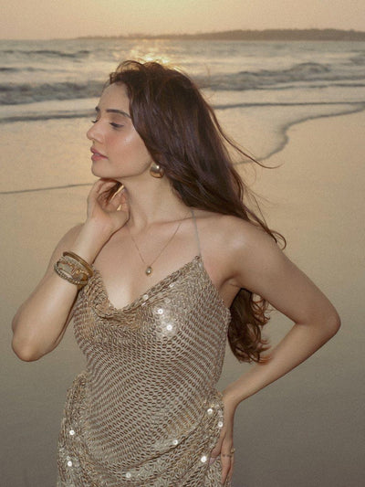 Sequins Spaghetti Strap Cowl Neck Backless Midi Dress